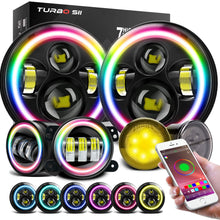 TURBO SII 7 inch LED Headlights RGB Halo Ring DRL + 4" Color Changing Fog Lights Combo Assembly Bluetooth Control RGB Light Kits W/Amber Turn Signal Lights for 2007-2018 Jeep Wrangler JK JKU Rubicon