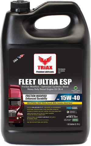 Triax API CK-4 Licensed Fleet Ultra ESP 15W-40 Synthetic Blend - Moly & Boron Performance Boosted, Heavy Duty Diesel Engine Oil - OEM Approval: Volvo, Mack, Cummins, DD (1 GAL)