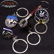 Febrytold 5 Pcs Car Parts Model Key Chains, Colorful Turbo Keychain, Black Manual Gearbox Keychain, Colorful Tire Rim Keychain, Blue Brake Rotor Keychain, Red Spring Shock-Absorber Keychain