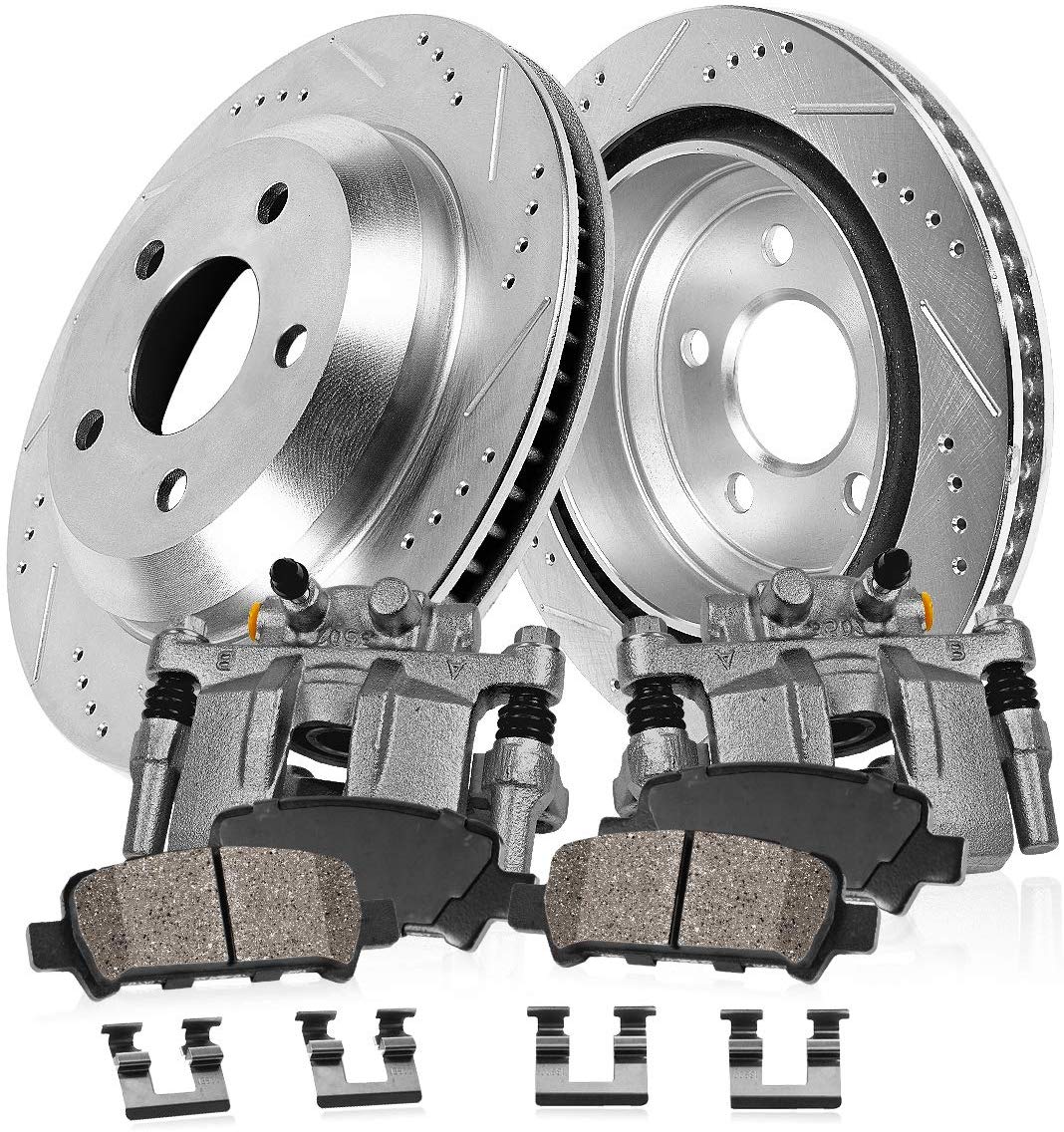 CCK02530 REAR Original [2] Calipers + [2] Zinc Plated Drilled/Slotted Rotors + [4] Low Dust Ceramic Brake Pads