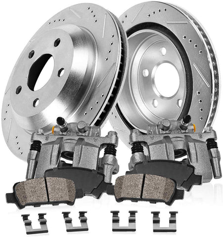 CCK02530 REAR Original [2] Calipers + [2] Zinc Plated Drilled/Slotted Rotors + [4] Low Dust Ceramic Brake Pads