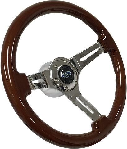 Volante Sport Wood 6-Bolt Mahogany Finish Steering Wheel Blue Oval Kit compatible with 1964-1967 Ford Mustang, Fairlane, Galaxie, Falcon & Comet