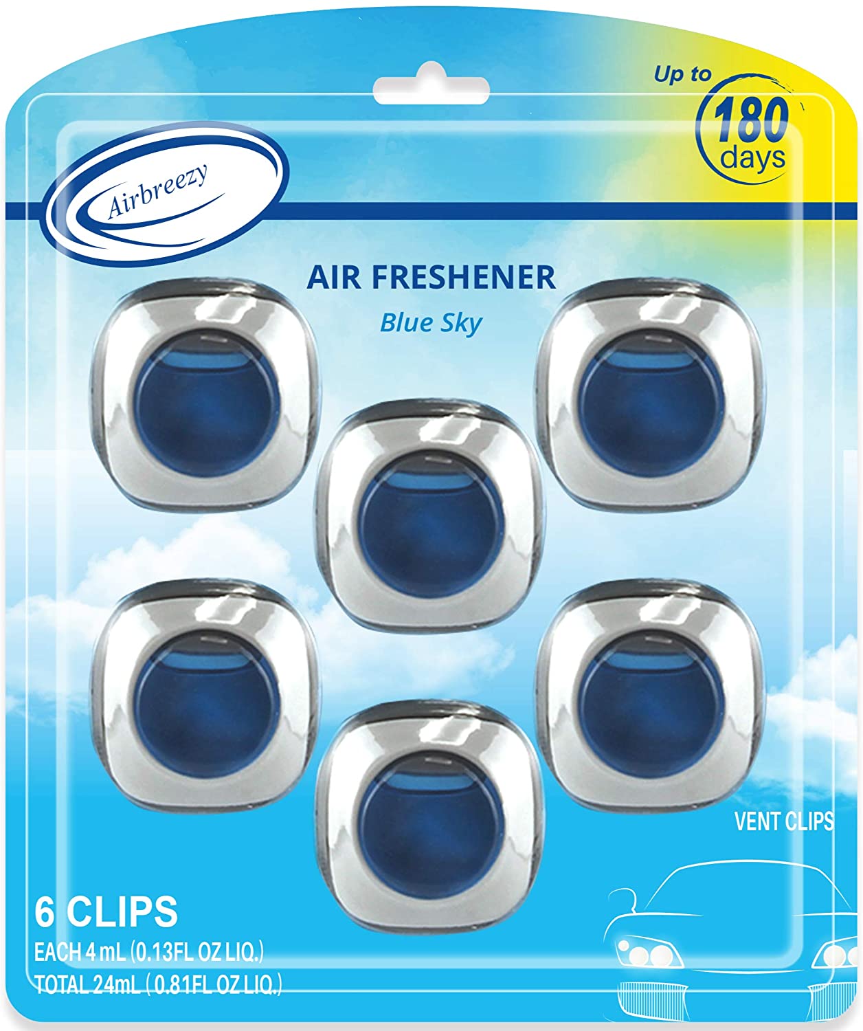 Airbreezy Car Air Freshener, 6 Car Freshener Vent Clips, 4ml Each, Long-Lasting Car Fragrance, Up to 180 Days, Blue Sky/New Car Scents