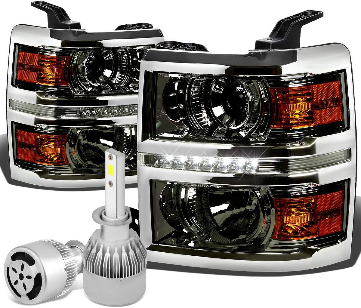 For Chevy Silverado GMT K2XX Smoked Lens Projector LED Headlight W/Amber Signal + H1 LED Conversion Kit W/Fan