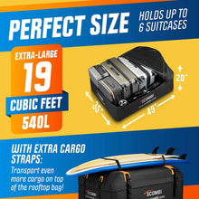 Scombi Military-Grade Waterproof Rooftop Cargo Carrier – 19 Cubic Ft. with 4 Door Hooks, Zipper/Buckle Closure, Extra Strap – Black Roof Bag for Cars with or Without Rack