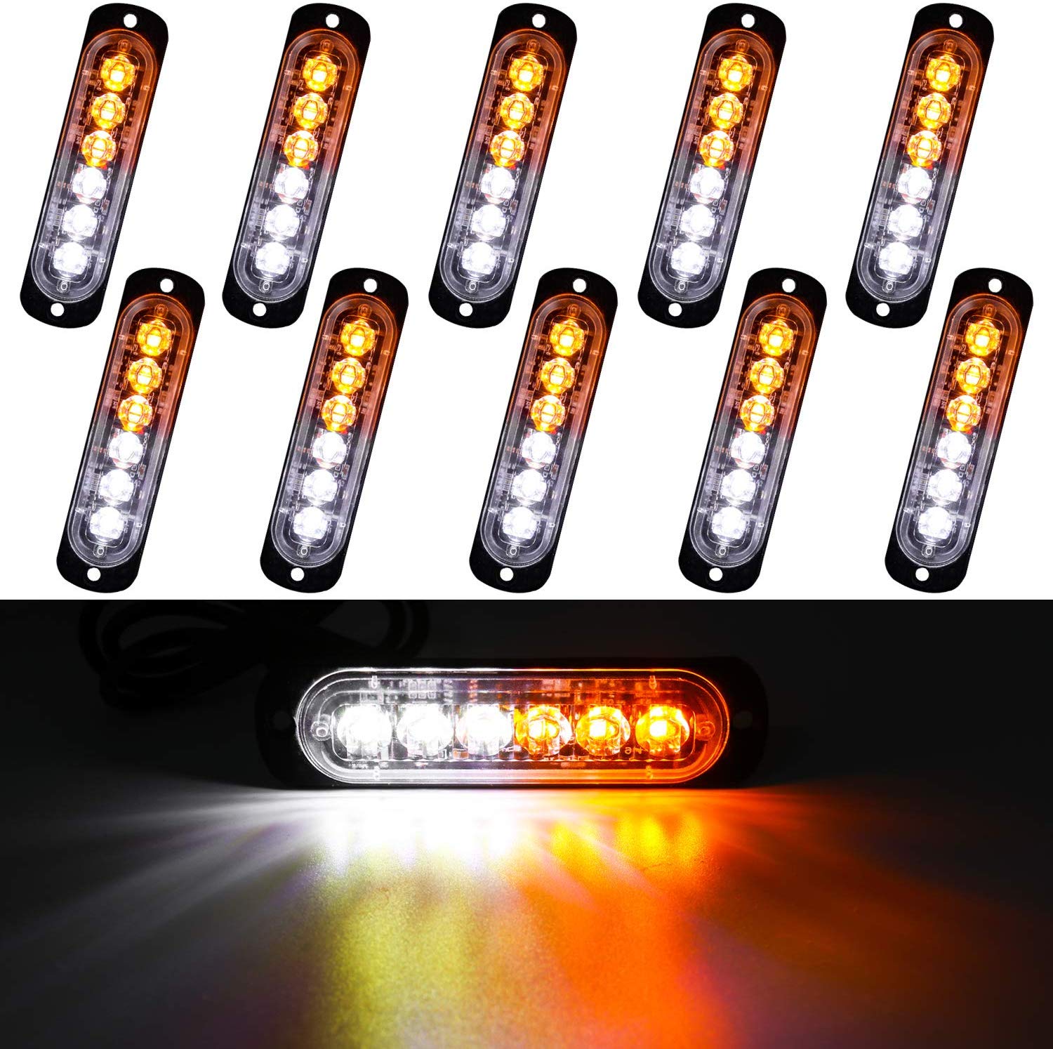 LivTee 12-24V Super Bright Emergency Warning Caution Hazard Construction Waterproof Strobe Light Bar with 17 Different Flashing for Car Truck SUV Van - 10PCS (White/Amber)