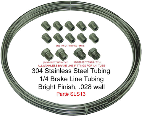 Stainless Steel Brake Line Tubing Kit 1/4 OD Coil Roll & SAE Tube Nut Fittings (L-4-1)