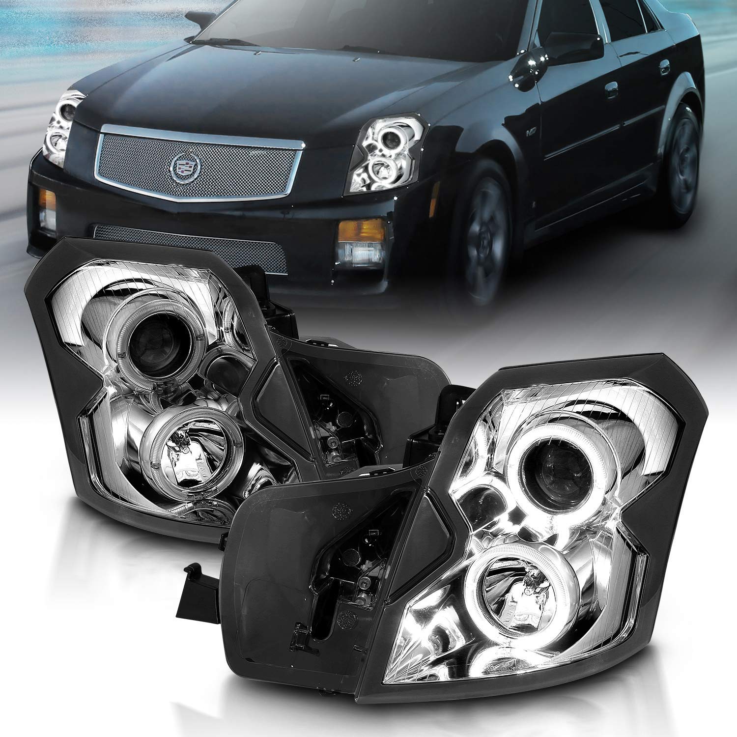 AmeriLite Projector Headlights Dual LED Halo Chrome Set for Cadillac CTS - Passenger and Driver Side