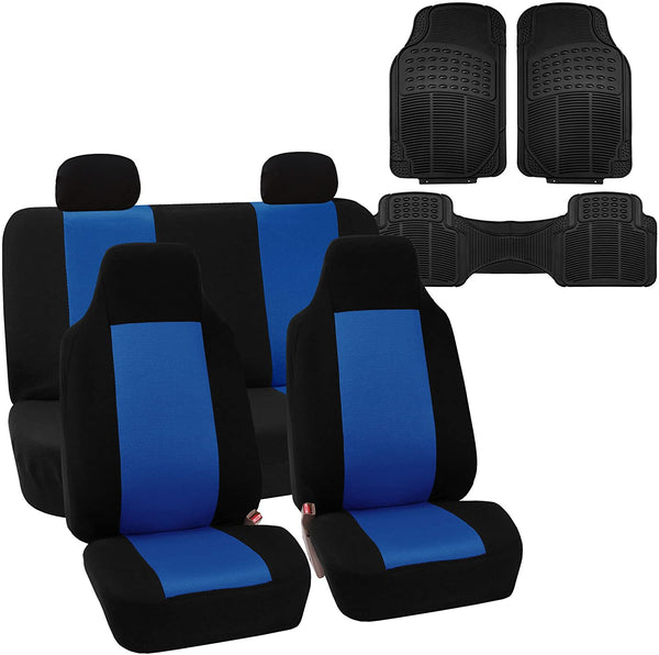 FH Group FH-FB102114 Full Set Classic Cloth Car Seat Covers Blue/Black Color with F11306 Vinyl Floor Mats - Fit Most Car, Truck, SUV, or Van