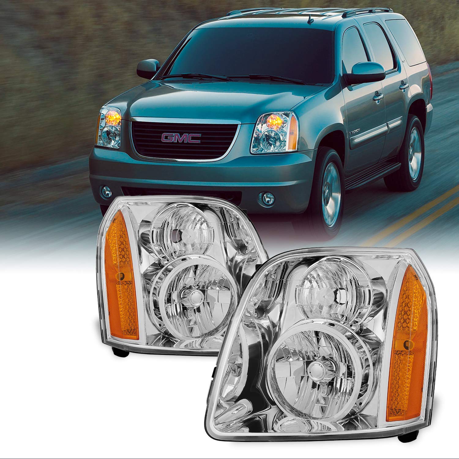 For GMC Yukon XL Hybrid OE Replacement Chrome Bezel Headlights Driver/Passenger Head Lamps Pair