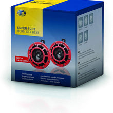 HELLA 003399801 Supertone 12V High Tone / Low Tone Twin Horn Kit with Red Protective Grill, 2 Horns (3AG 003 399-801)