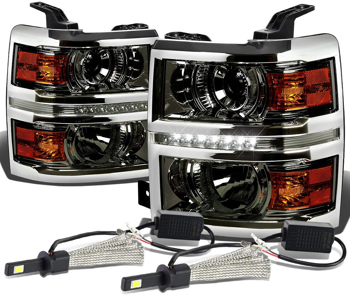 For Chevy Silverado GMT K2XX Smoked Lens Projector LED Headlight W/Amber Signal + H1 LED Conversion Kit