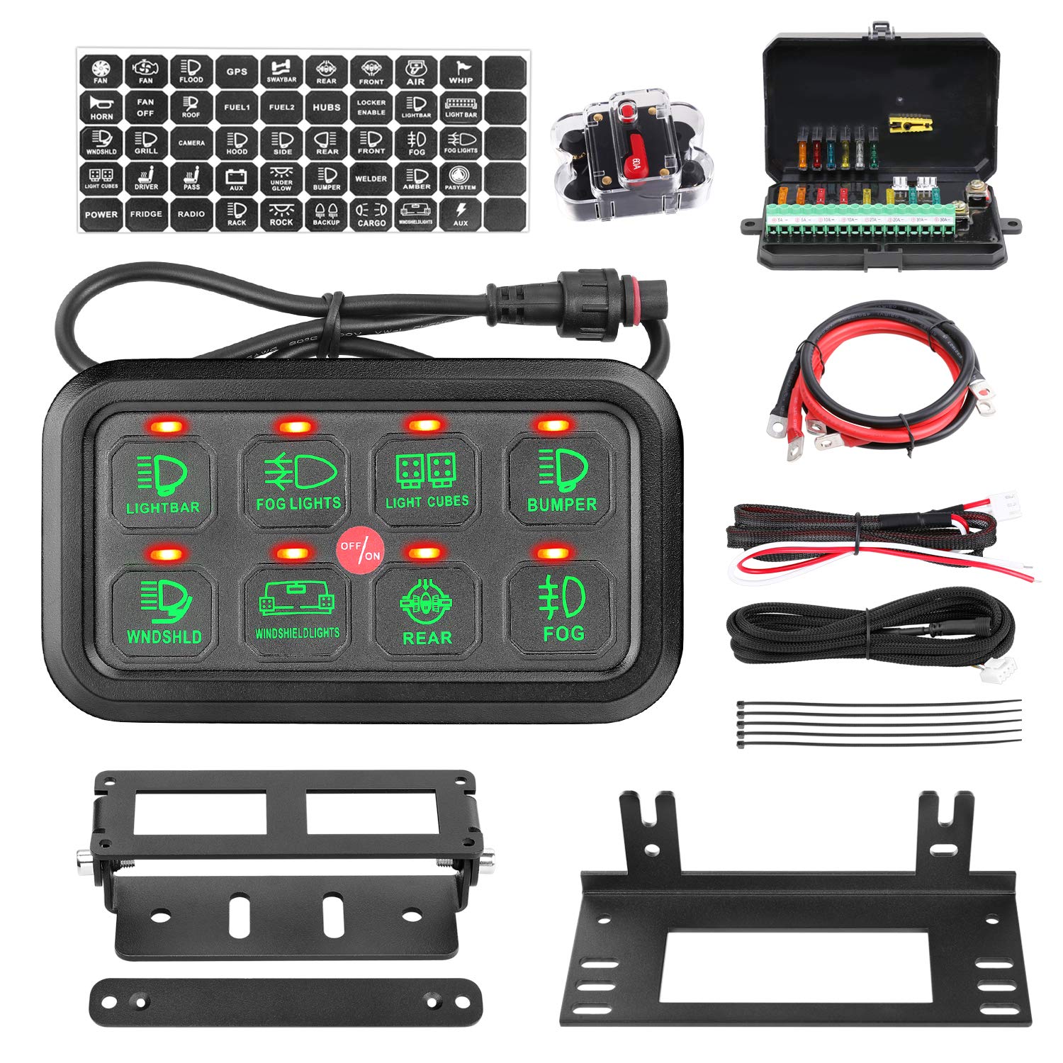 8 Gang Switch Panel, AKD Part Circuit Control Box Universal Jeep Switch Box Wiring Harness Touch Panel On Off Button for Pickup ATV UTV Truck Marine