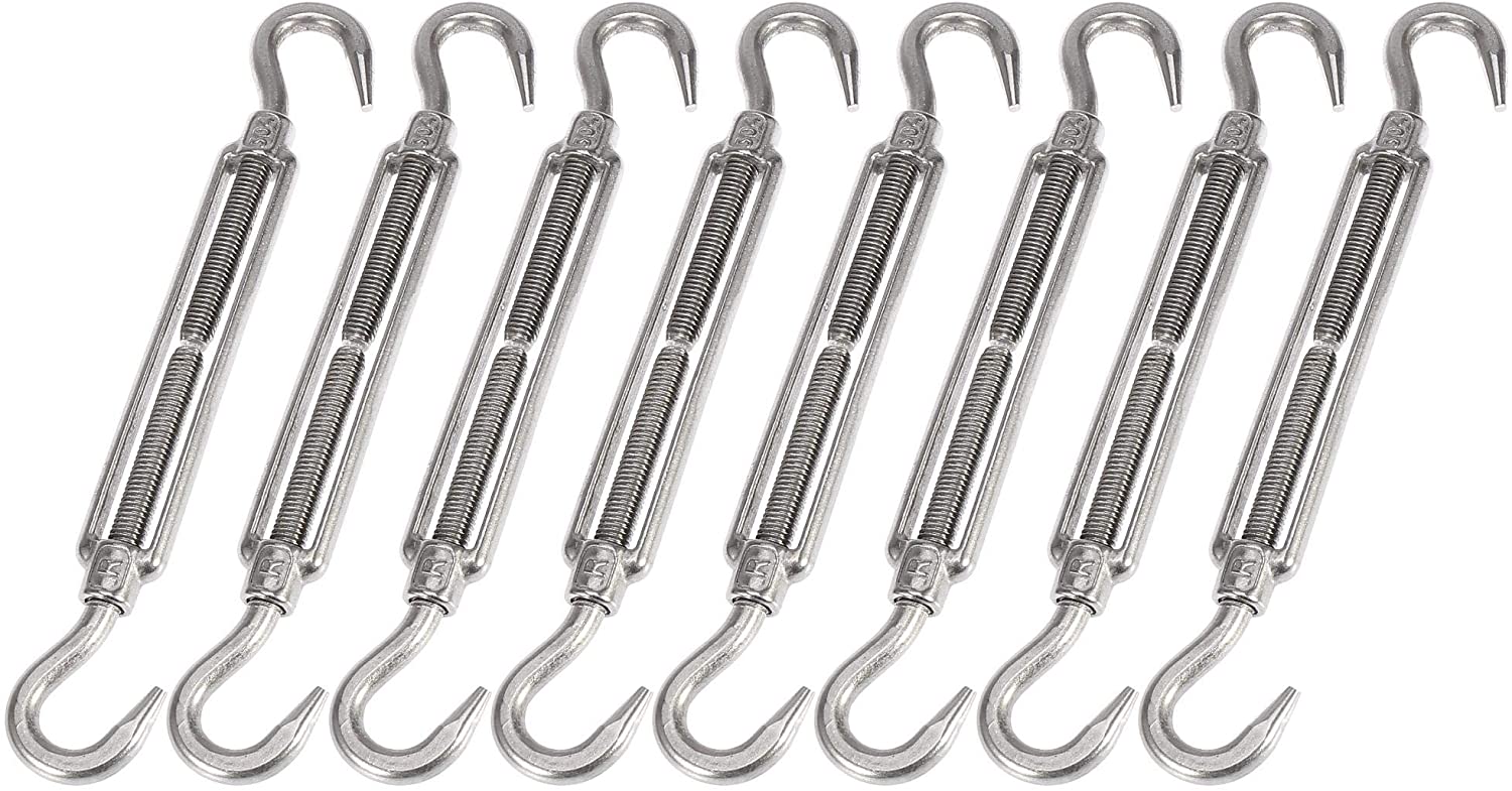 X AUTOHAUX 8pcs M6 Car 304 Stainless Steel Hook and Hook Turnbuckle Wire Rope Tension Silver Tone