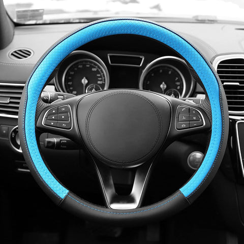 FH Group FH2009 Geometric Chic Genuine Leather Steering Wheel Cover (Blue) – Universal Fit for Cars Trucks & SUVs