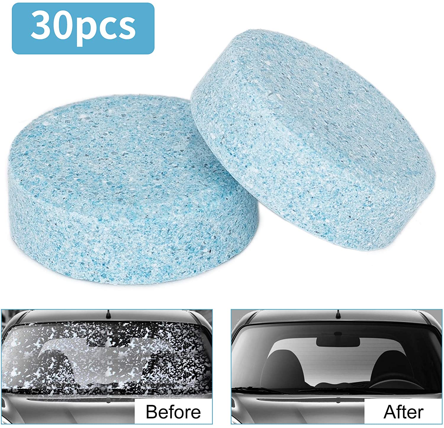 Wemk 30 Pcs Car Windshield Glass Concentrated Clean Washer Tablets, Multifunctional Effervescent Spray Cleaner Cleaning Tool, Window Cleaner, Environmental Friendly, Save Money