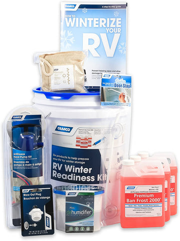 Camco 36190 RV Winter Readiness Kit - Includes Antifreeze Concentrate and Hand Pump, Blow Out Plug, Dehumidifier and More - Comes with Bonus Winterizing Guide