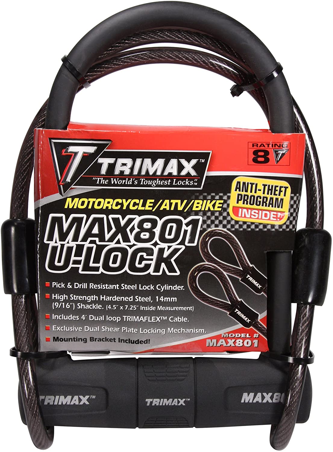 Trimax MAX801 Max Security U-Shackle Lock with 14 mm Shackle and 10 mm x 48' Cable,Black