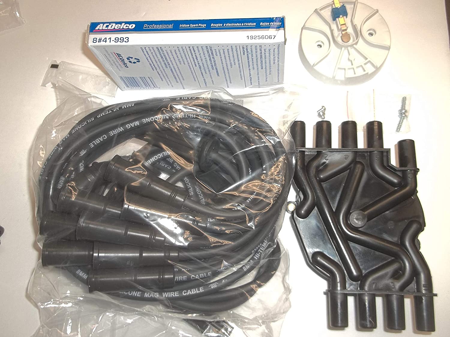 Distributor Cap, Rotor, Spark Plug Wires and AC Delco 41-993 Plugs. Tune up kit for Mercruiser 5.0 5.7 MPI MAG and Volvo Penta 5.0 5.7 GI GXI