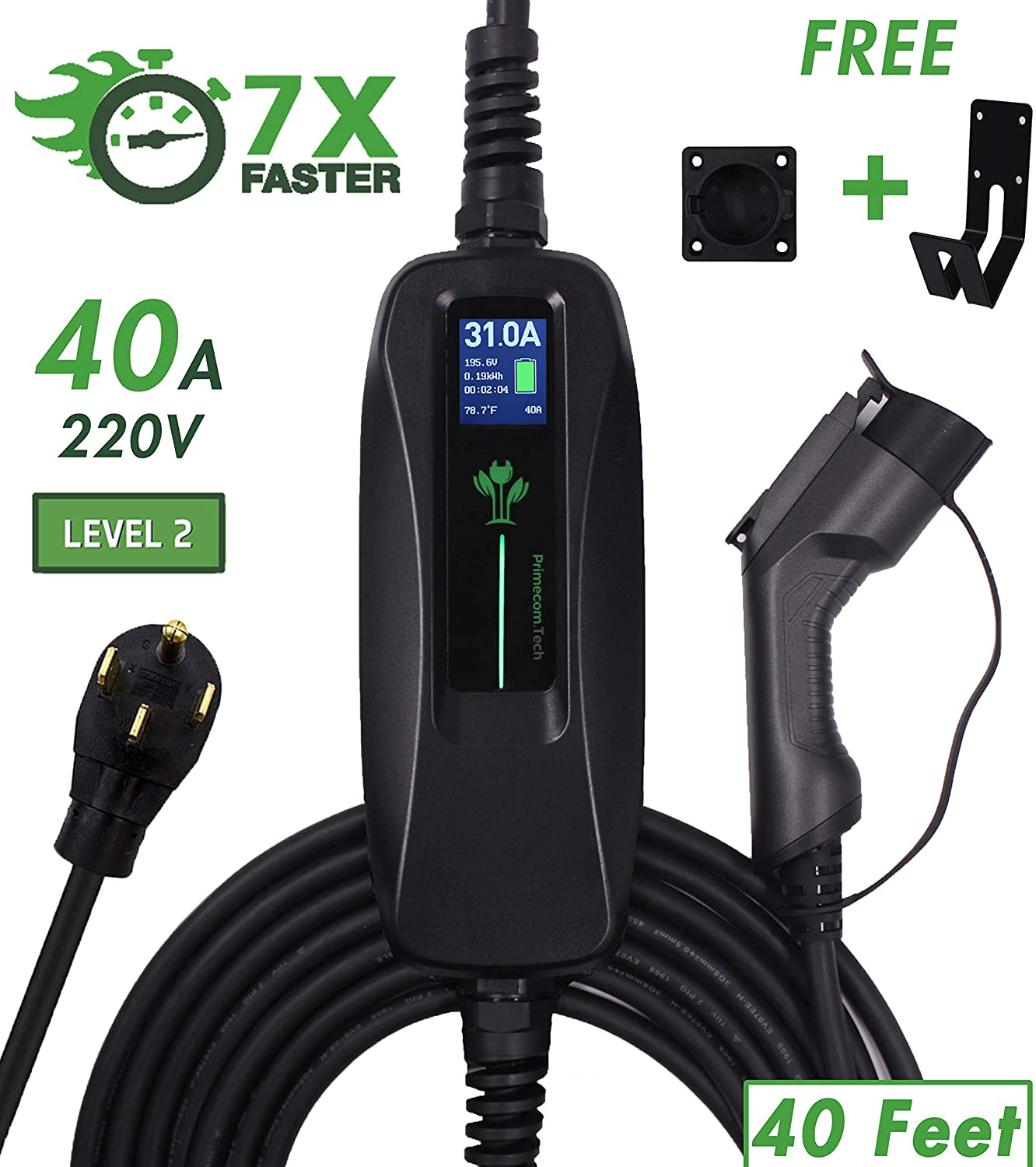 PRIMECOM 32A & 40A Electric Vehicle (EV) Charger, Level 2, 240V, 32A/40A, NEMA 14-50 Electric Car Charger for All EVs, 30, 40, and 50 Feet Lengths (40, 40Amp) for Tesla
