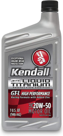 Kendall 527-7138 GT-1 High Performance SAE 20W-50 Motor Oil with Liquid Titanium - 1 Quart