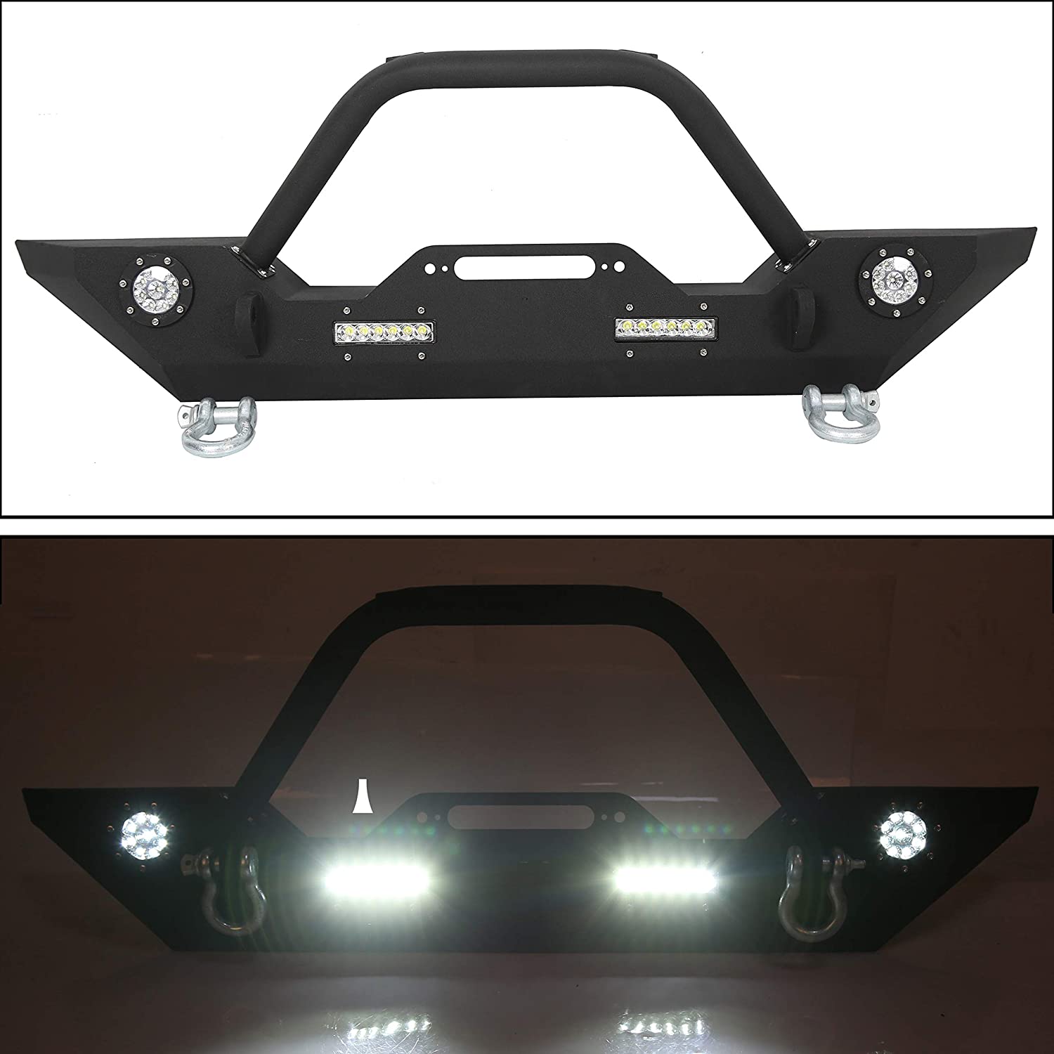 Front Bumper W/Winch Plate & LED Lights D-rings for 2007-2018 Jeep Wrangler JK, Rock Crawler Front Bumper