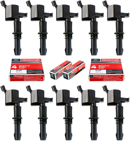 MAS Set of 10 SP546 Motorcraft Spark Plugs and 10 Straight Boot Ignition Coils DG511 Compatible with Ford Lincoln Mercury V8 V10 4.6l 5.4l 6.8l 3L3E12A366CA 5C1584 C1541 FD-508 UF-537