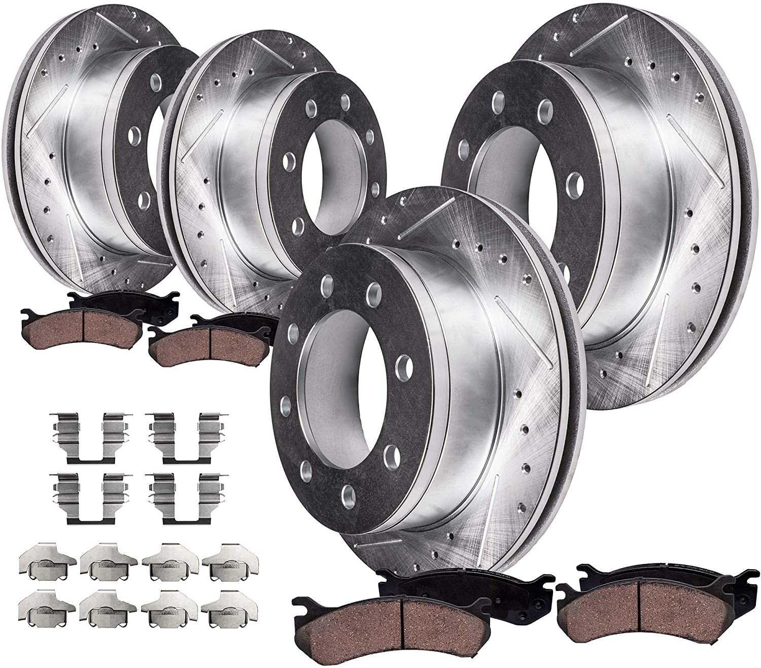 Detroit Axle - Front 331mm & Rear 326mm Drilled Slotted Brake Rotors Ceramic Pads w/Hardware for 2000-2005 Ford Excursion 4WD - [2000-2004 F-250 Super Duty 4WD] - 2000-2004 F-350 Super Duty 4WD SRW