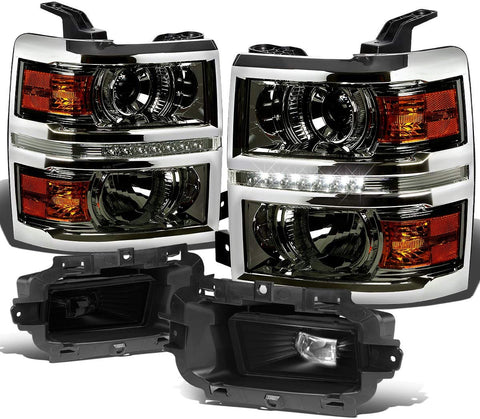 For Chevy Silverado 1500 Smoked Lens Amber Corner LED DRL Projector Headlight + Smoke Lens Fog Light + Switch