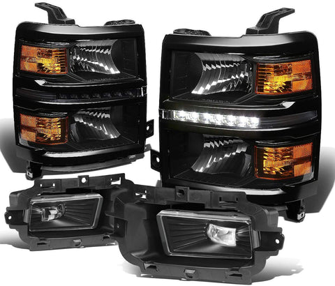 For Chevy Silverado 1500 Black Housing Amber Corner LED DRL Headlight + Clear Lens Fog Light + Switch