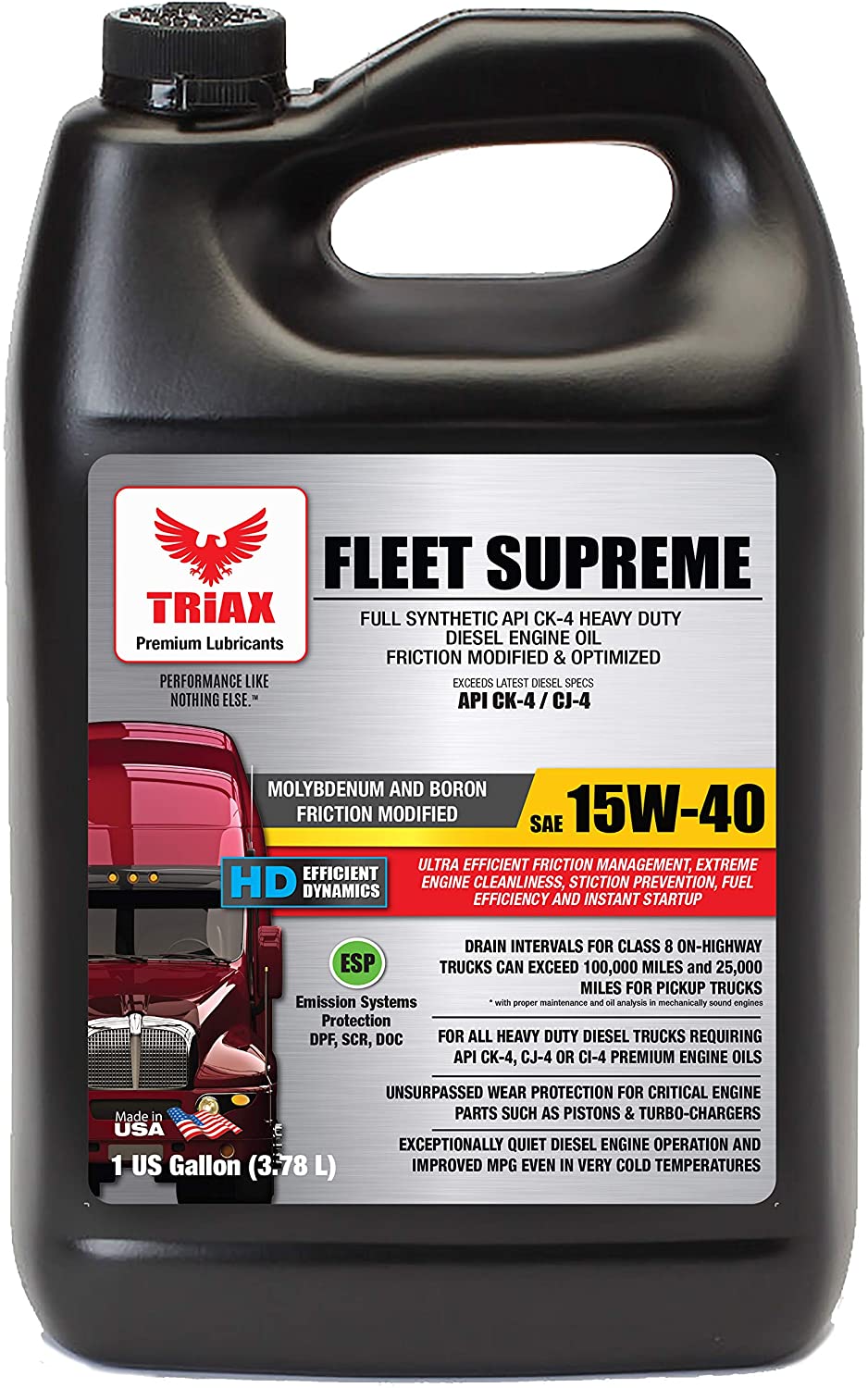 Triax Full Synthetic 15W-40 Fleet Supreme API CK-4 / CJ-4 - Friction Modified/Optimized with Moly & Boron, Extreme Durability & Performance (1 Gallon (case of 4))
