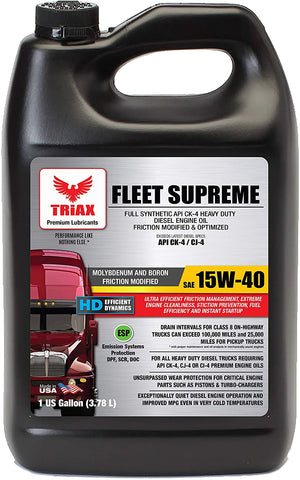 Triax Full Synthetic 15W-40 Fleet Supreme API CK-4 / CJ-4 - Friction Modified/Optimized with Moly & Boron, Extreme Durability & Performance (1 Gallon (case of 4))