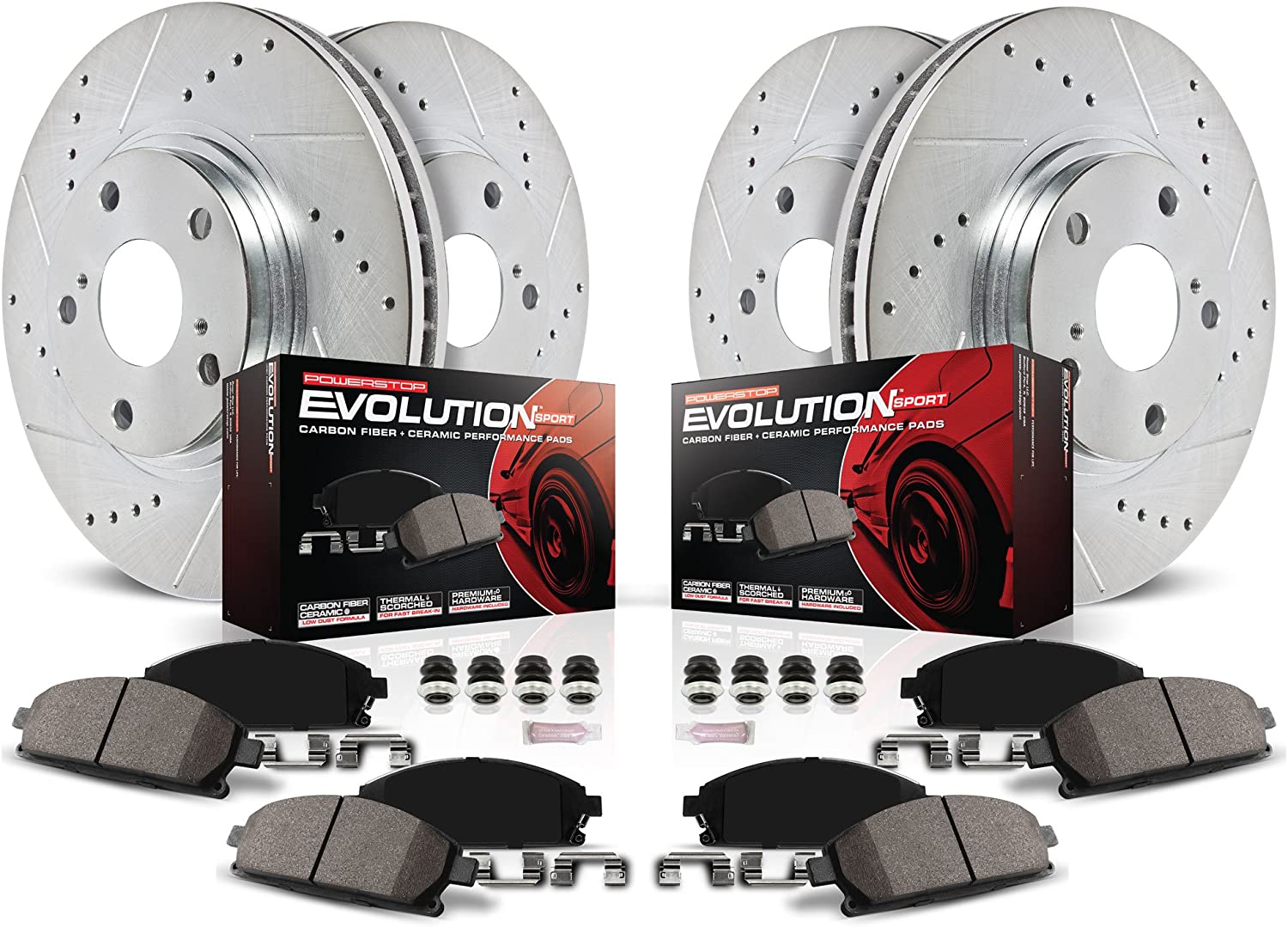 Power Stop K2395 Front & Rear Brake Kit with Drilled/Slotted Brake Rotors and Z23 Evolution Ceramic Brake Pads