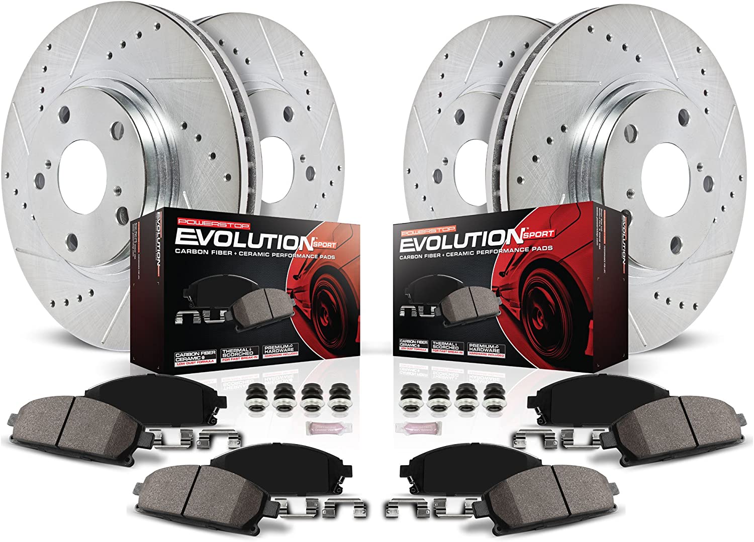 Power Stop K1715 Front & Rear Brake Kit with Drilled/Slotted Brake Rotors and Z23 Evolution Ceramic Brake Pads,Silver Zinc Plated