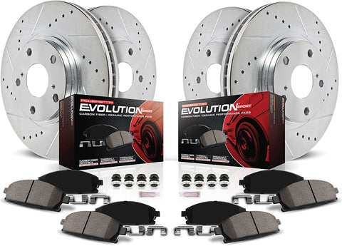 Power Stop K444 Front & Rear Brake Kit with Drilled/Slotted Brake Rotors and Z23 Evolution Ceramic Brake Pads,Silver Zinc Plated