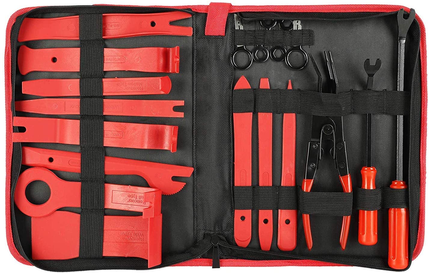 19Pcs Auto Audio Trim Removal Tool Set & Clip Plier Upholstery Fastener Remover Nylon Dash Door Panel Stereo Tool Kits - Red