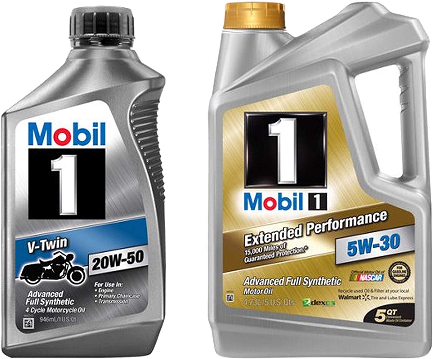 Mobil 1 20W-50 Full Synthetic Motorcycle Oil, 1-Quart, Single Bundle 5W-30 Extended Performance Full Synthetic Motor Oil, 5-Quart, Single