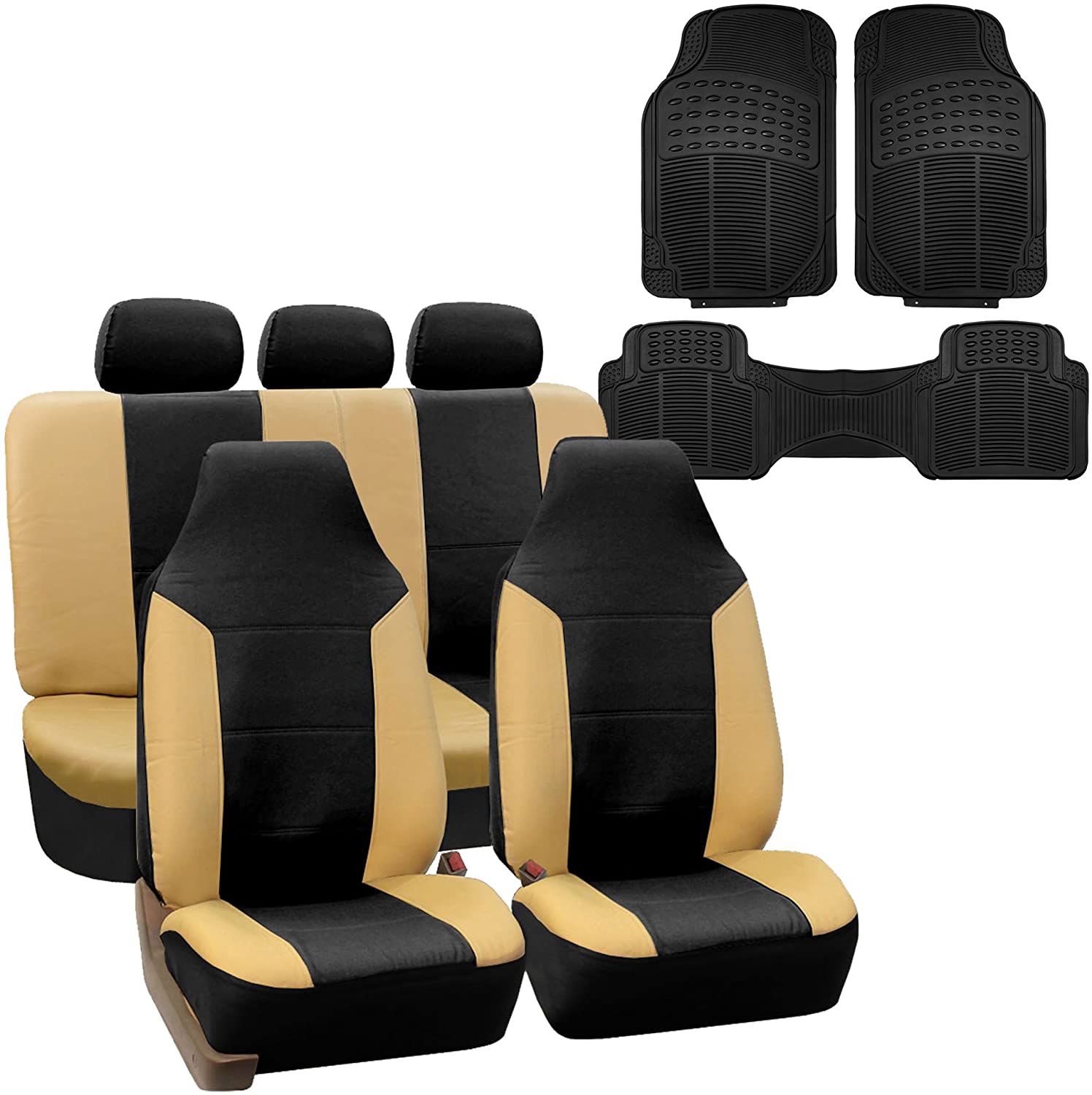 FH Group PU103115 Royal Leather Seat Covers (Black) + Trimmable Vinyl Car Floor Mats (Black) Full Set - Universal Fit for Cars, Trucks & SUVs