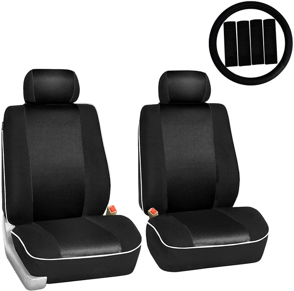 FH Group FH-FB063102 Pair Set Sports Fabric Car Seat Covers Solid Black, Airbag Compatible and Split Bench W. FH2033 Steering Wheel Cover and Seat Belt Pads- Fit Most Car, Truck, SUV, or Van