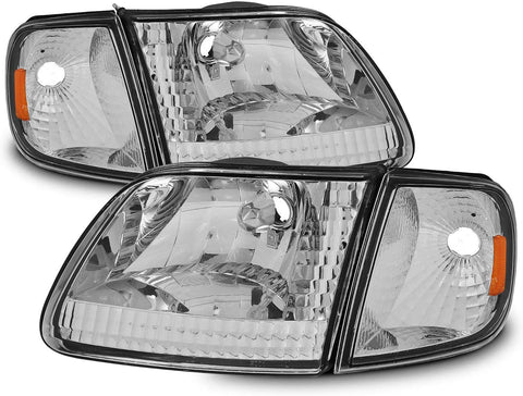 For Ford 97 98 99 F150 F250 Light Duty | 2004 F150 Heritage Chrome Headlights w/Corner Lamps Left+Right Side Pair