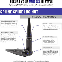 20 Pc Spiked Solid Metal Lug Nuts M12x1.50 Thread 4.4" Tall Closed End Bulge Acorn Spike Lug Nut 1 Long Socket Key Black Finish for Aftermarket Wheels Only