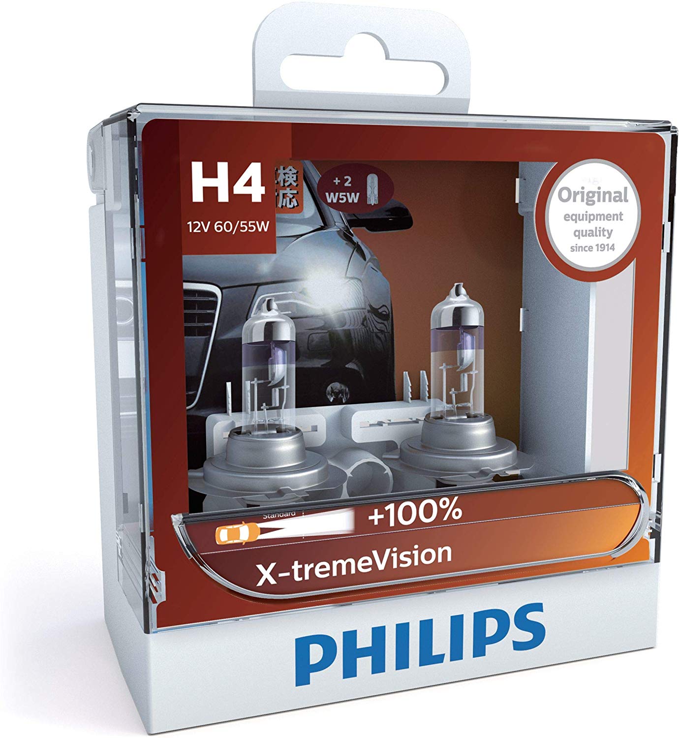 Philips H4 X-treme Vision Car Headlight Bulbs. 12v 55w.