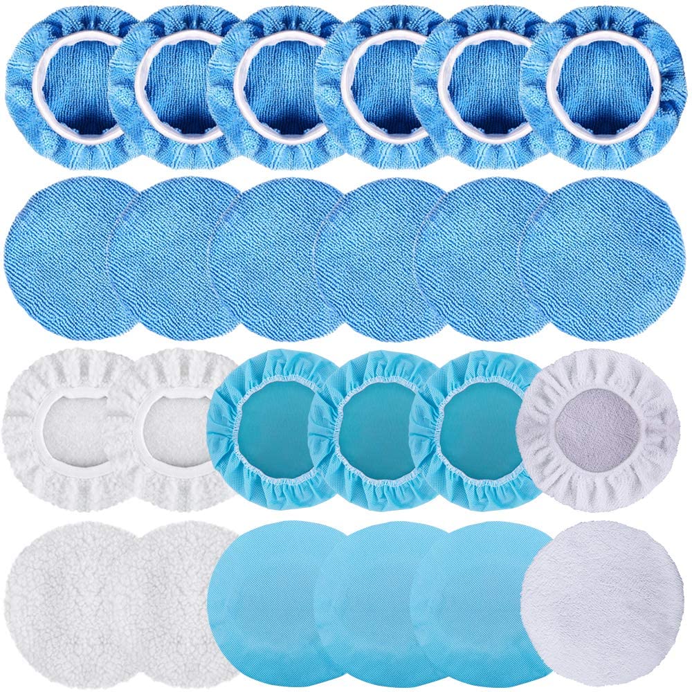 SIQUK 24 Packs Polishing Bonnet Pads (5 to 6 Inches) Including 12 Packs Microfiber Car Polishing Bonnet 4 Packs Waxing Bonnet 6 Packs Non-Woven Buffing pad and 2 Packs Cotton Bonnet for Car Polisher