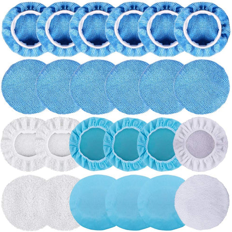 SIQUK 24 Packs Polishing Bonnet Pads (5 to 6 Inches) Including 12 Packs Microfiber Car Polishing Bonnet 4 Packs Waxing Bonnet 6 Packs Non-Woven Buffing pad and 2 Packs Cotton Bonnet for Car Polisher