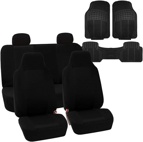 FH Group FH-FB102114 Full Set Classic Cloth Car Seat Covers Solid Black with F11306 Vinyl Floor Mats - Fit Most Car, Truck, SUV, or Van
