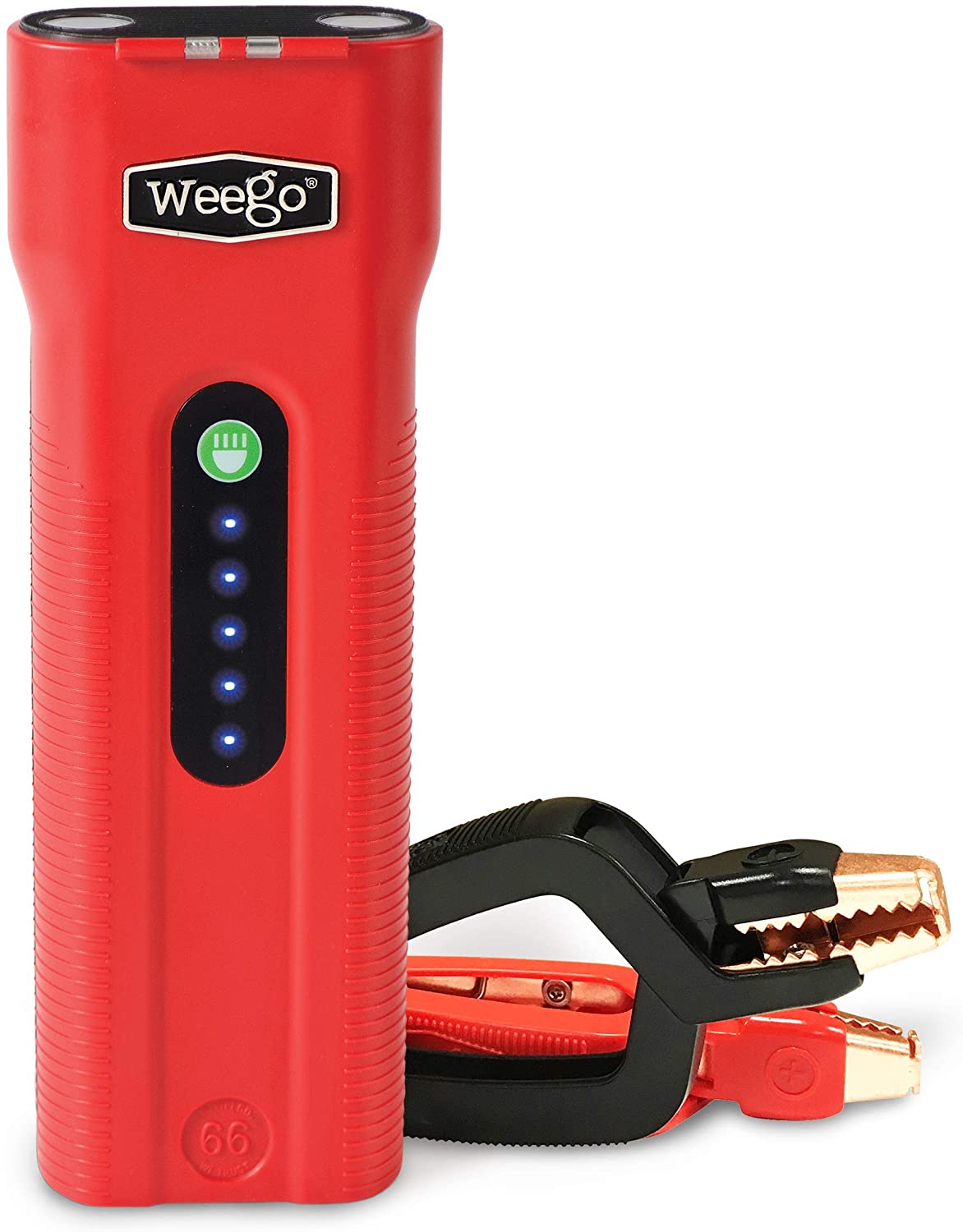 WEEGO 66 Jump Starting Power Pack 2500 Peak Amps 660 Cranking Amps High Performance Lithium Ion Jump Starter Quick Charges Phones 600 Lumen LED Flashlight Water Resistant