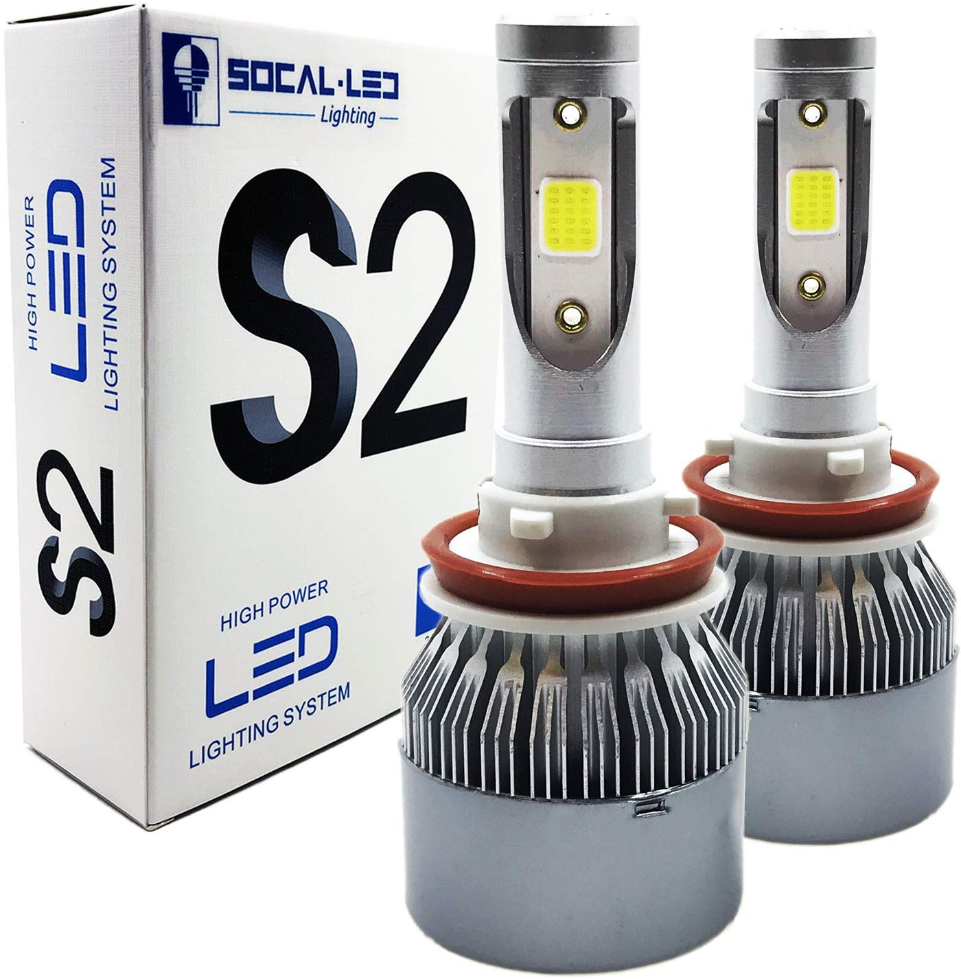 SOCAL-LED 2x S2 Automotive H11 H8 LED Headlight Bulbs Conversion Kit Bright 72W COB Chip 6000K Xenon White