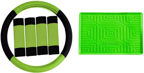 TLH Modernistic Steering Wheel Cover and Seat Belt Pads w/Anti-Slip Dash Mat, Green Color