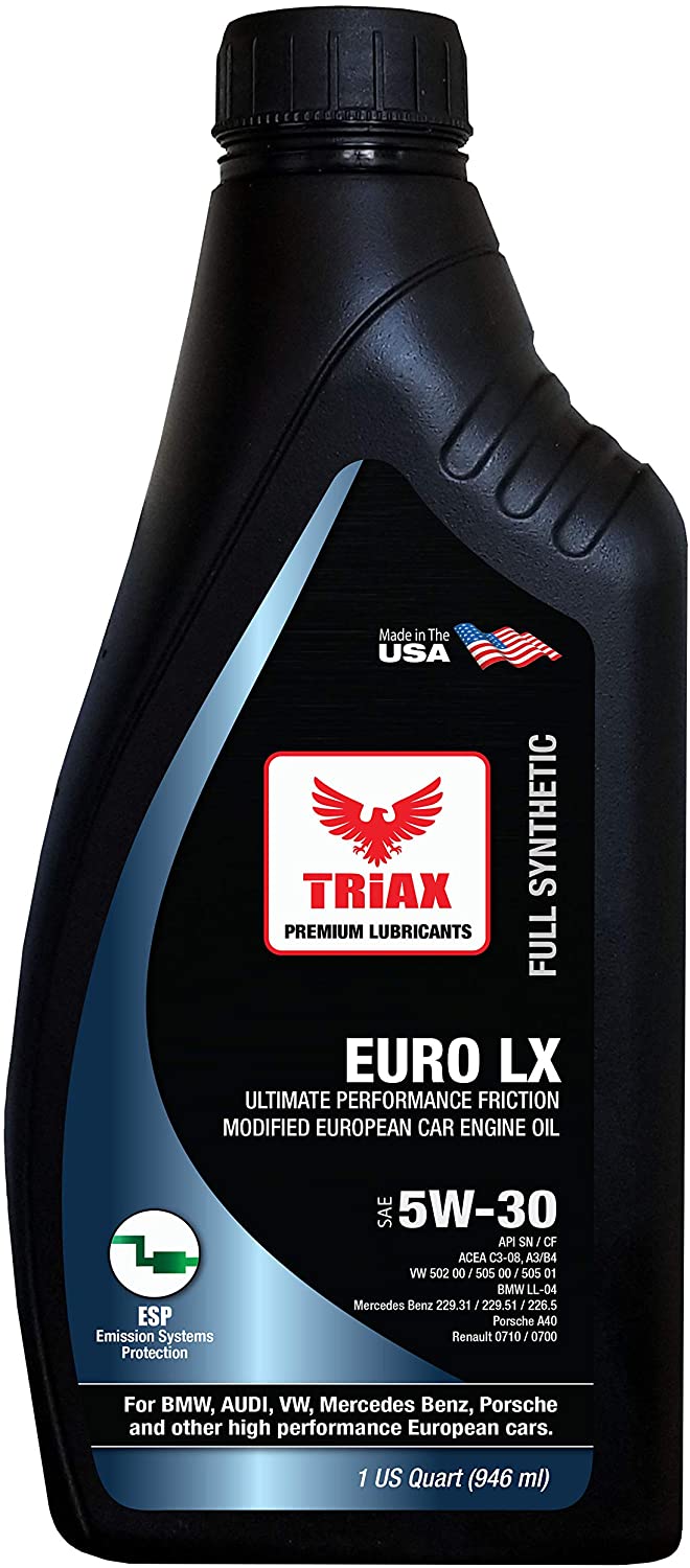 Triax Euro LX 5W-30 Full Synthetic - PAO/Ester European Long Drain Compatible with BMW LL-04, MB 229.51, 229.5, VW/Audi 502.00/505.00, Ford Ecoboost - Superior to OEM Formulations (Case 6 Quarts)