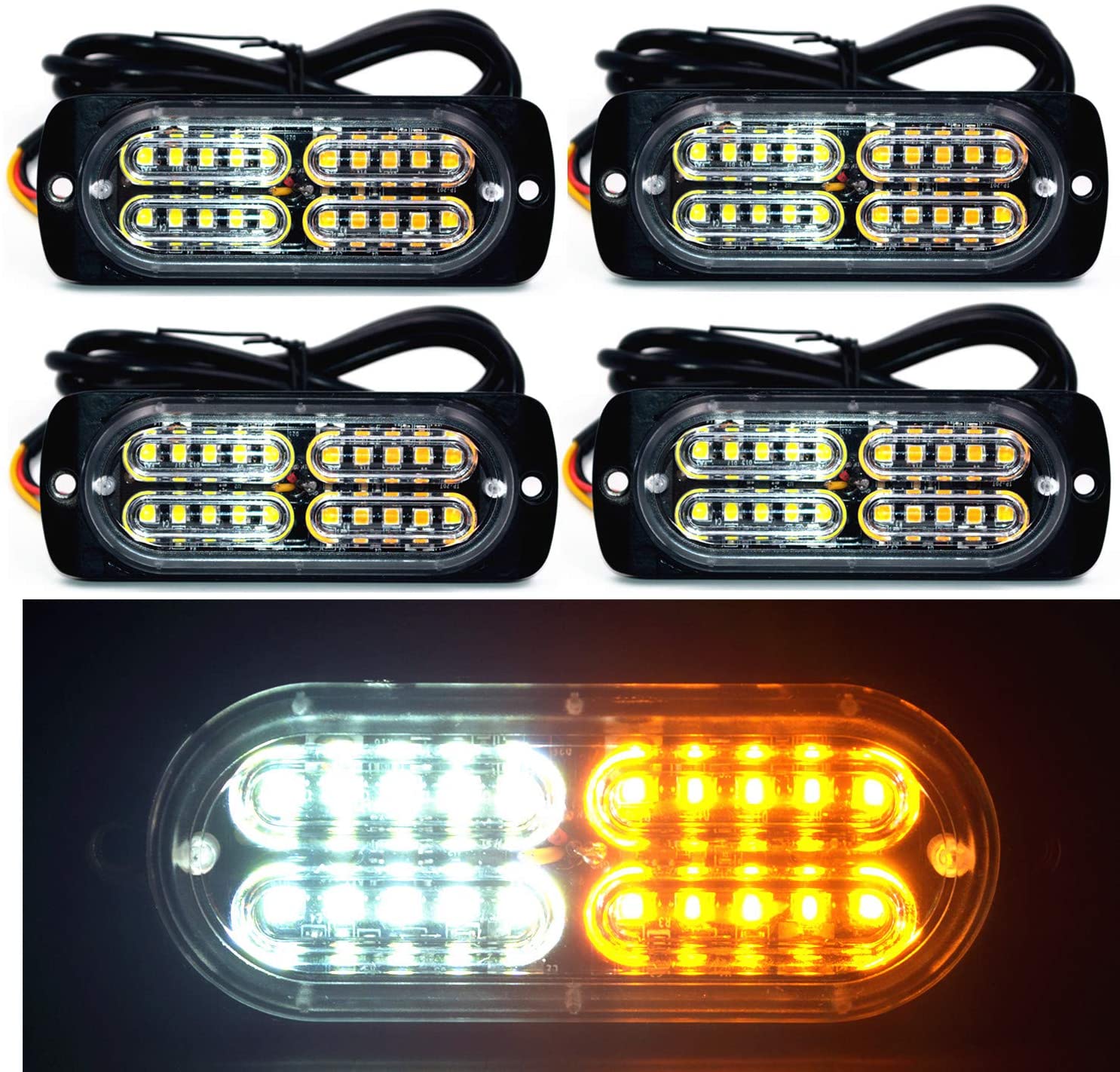 12-24V 20-LED Super Bright Emergency Warning Caution Hazard Construction Waterproof Amber Strobe Light Bar with 16 Different Flashing for Car Truck SUV Van - 4PCS (White Amber)